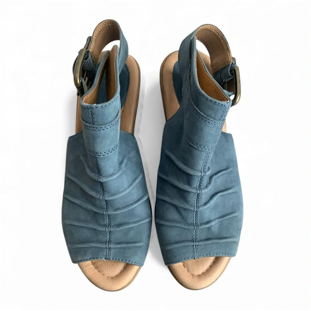 Earth Adina Moroccan Blue Suede Ruched Sling Back Peep Toe Wedge Sandals